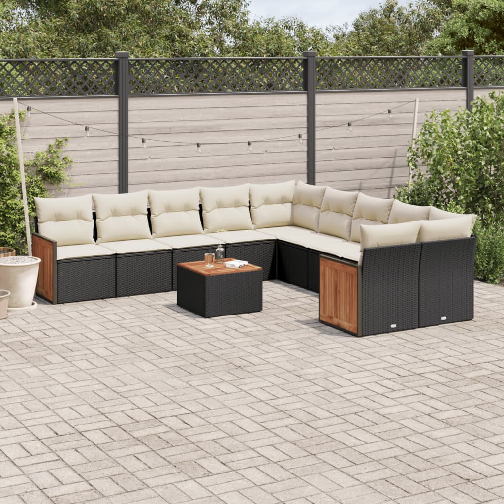 11 Pcs conjunto sofás de jardim c/ almofadões vime PE preto