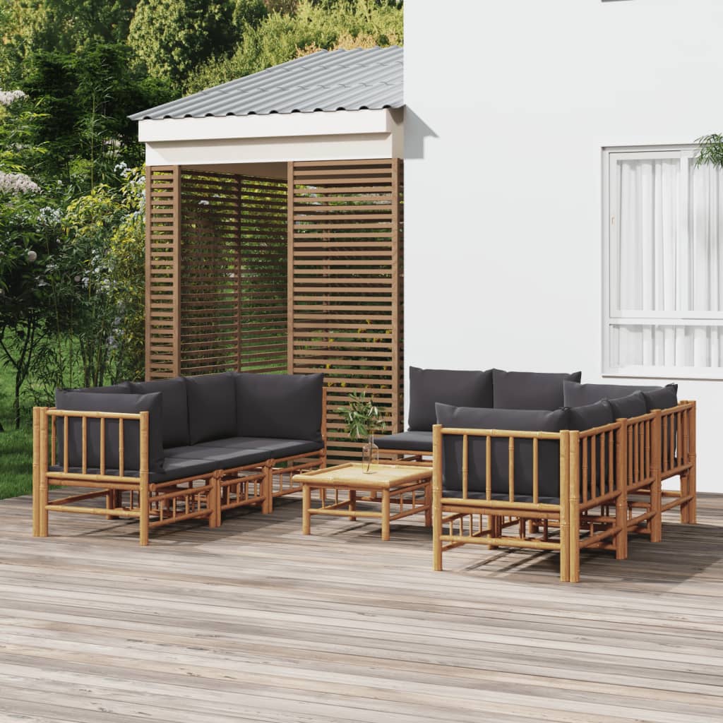 9Pcs conj. lounge de jardim bambu c/ almofadões cinzento-escuro