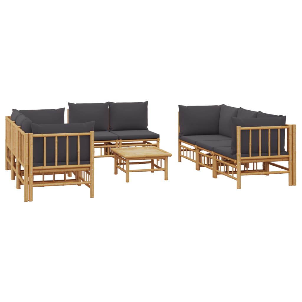 9Pcs conj. lounge de jardim bambu c/ almofadões cinzento-escuro