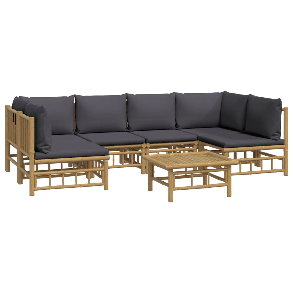 7Pcs conj. lounge de jardim bambu c/ almofadões cinzento-escuro
