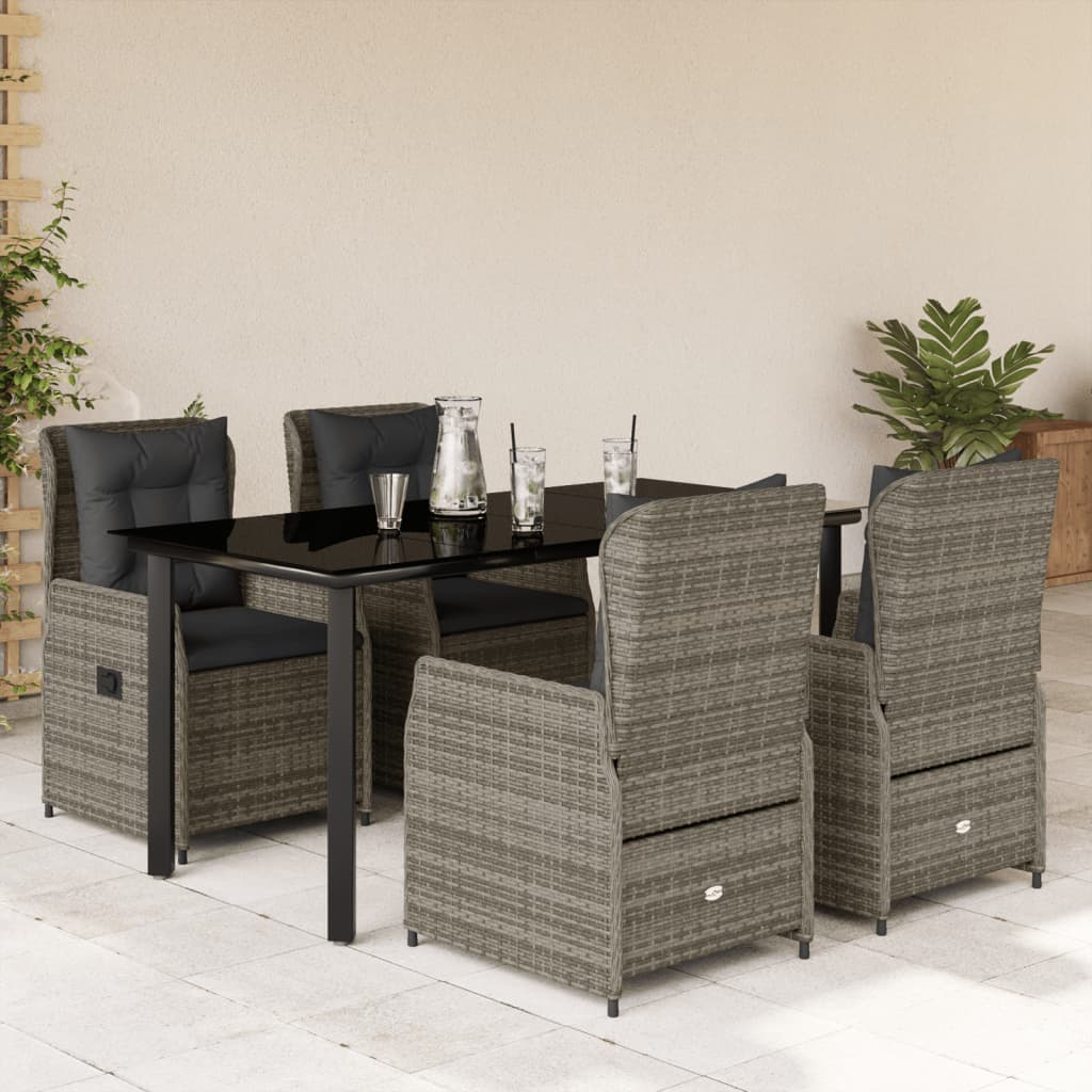 5 Pcs conjunto de jantar p/ jardim c/ almofadões vime PE cinza