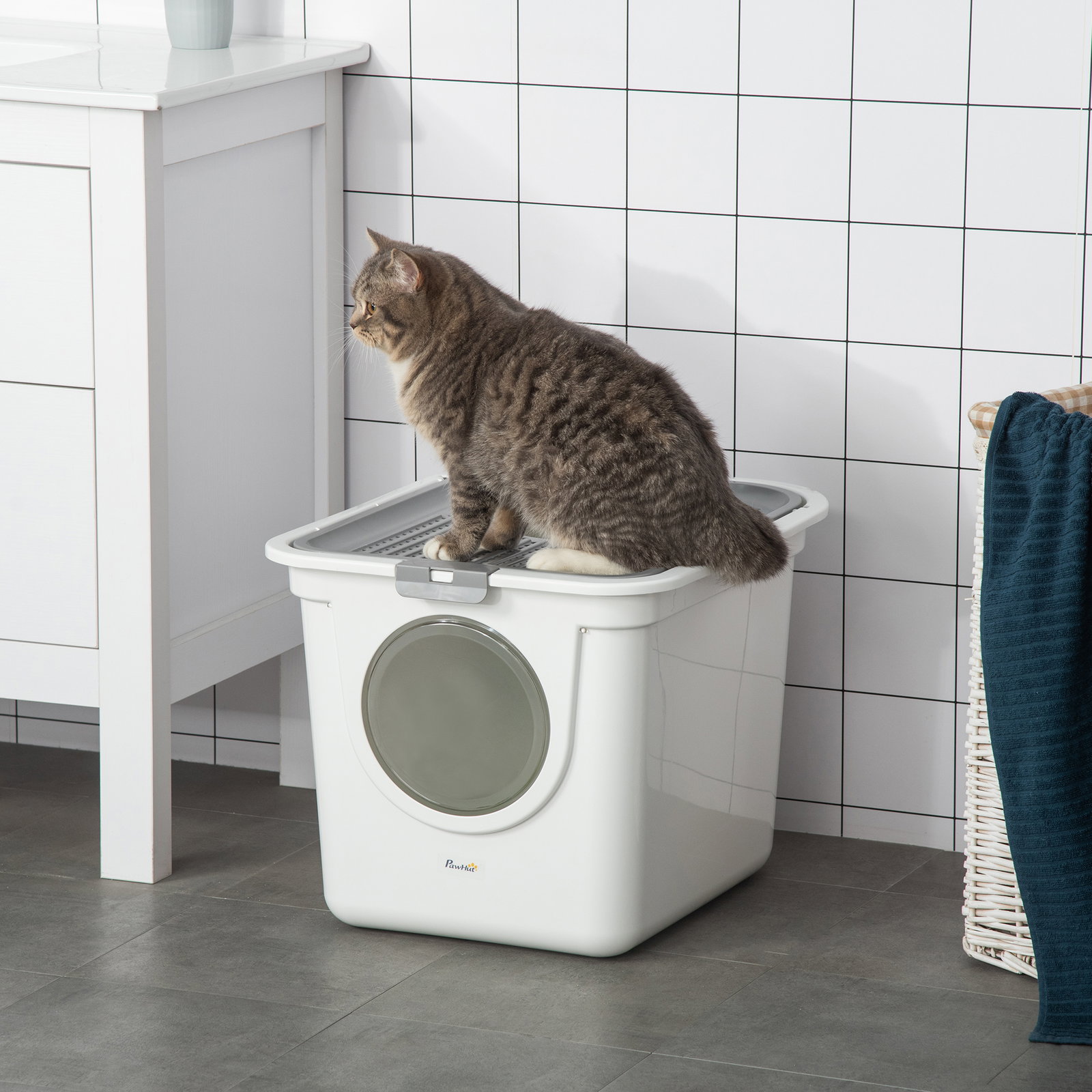 Caixa de areia para gatos com pá sanita para animais de estimação com 2 portas 44x55x39 cm branco e cinza