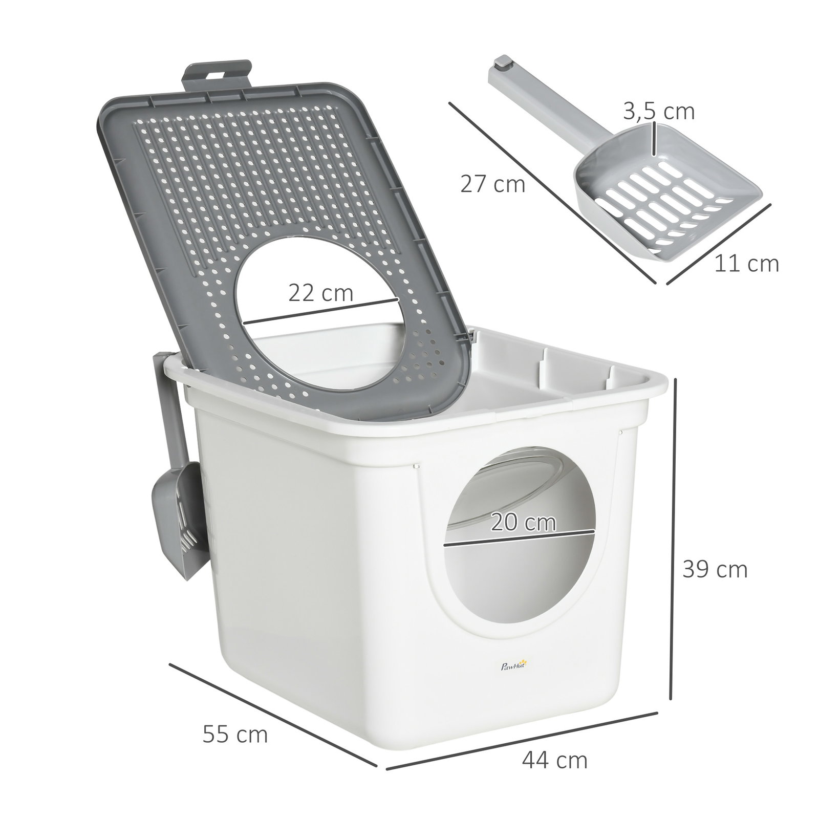 Caixa de areia para gatos com pá sanita para animais de estimação com 2 portas 44x55x39 cm branco e cinza