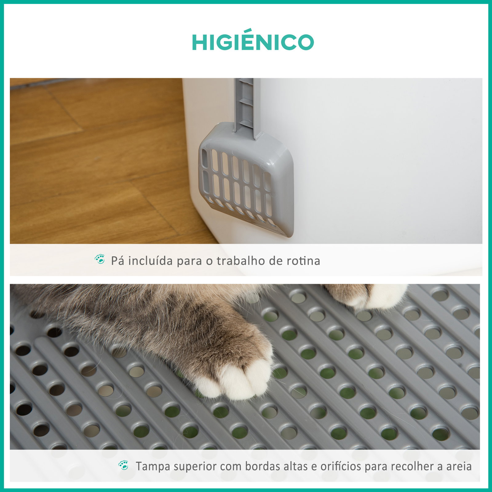 Caixa de areia para gatos com pá sanita para animais de estimação com 2 portas 44x55x39 cm branco e cinza