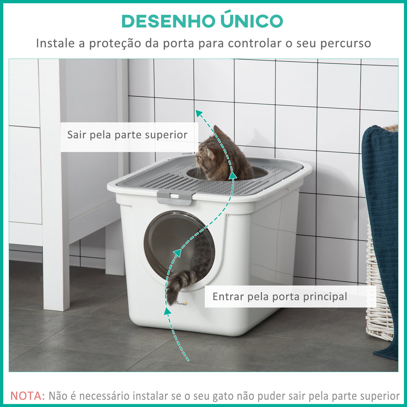 Caixa de areia para gatos com pá sanita para animais de estimação com 2 portas 44x55x39 cm branco e cinza