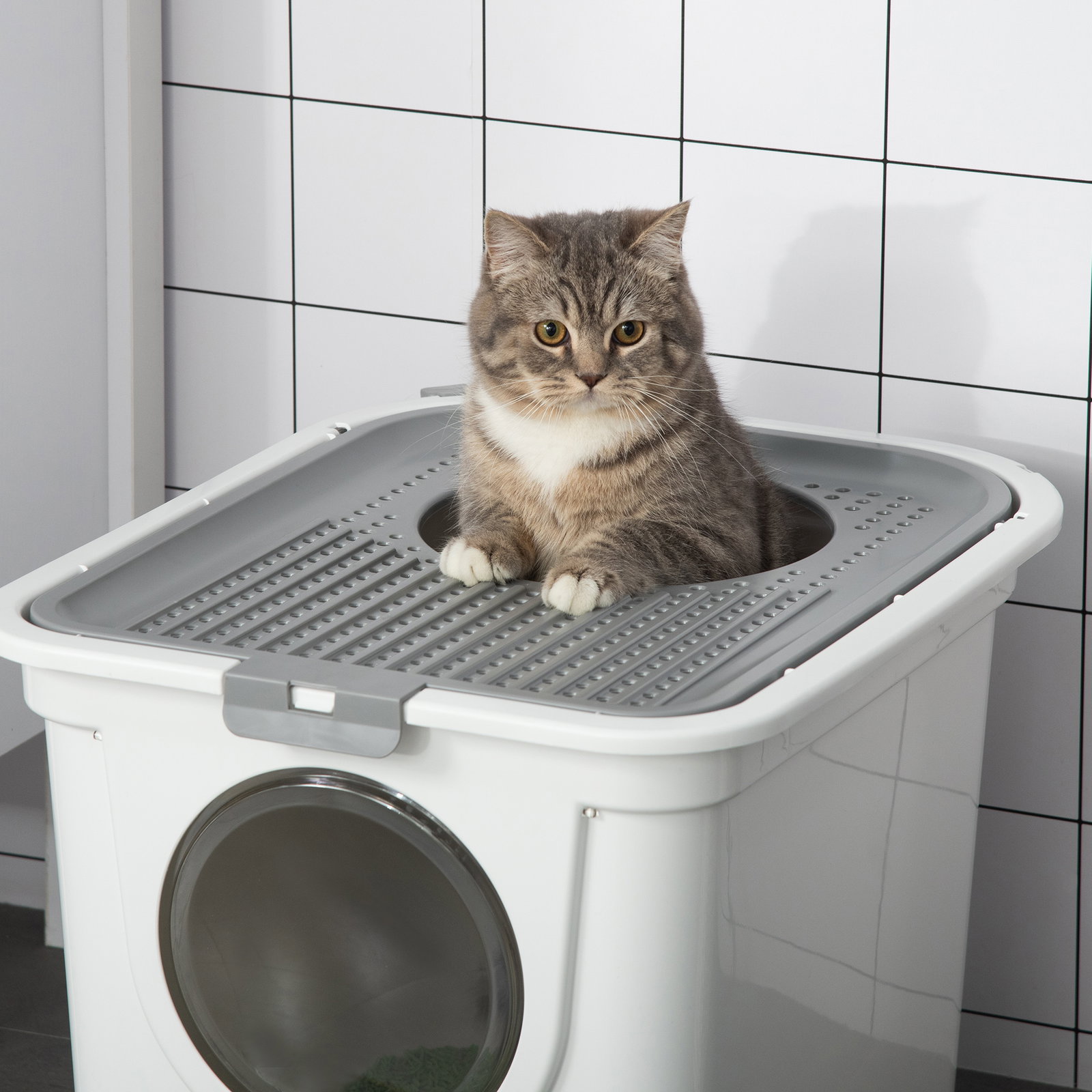 Caixa de areia para gatos com pá sanita para animais de estimação com 2 portas 44x55x39 cm branco e cinza