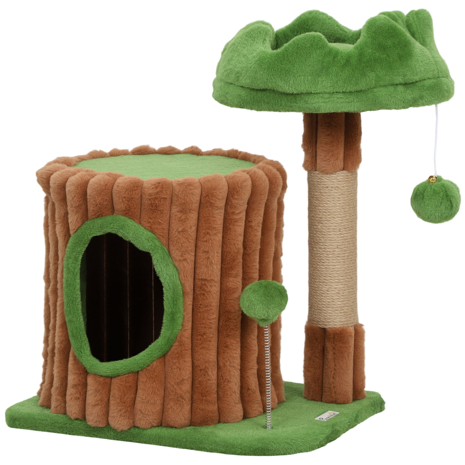 Arranhador para gatos 53 cm design de tronco com cama caverna poste de juta bolas penduradas 40x30x53 cm castanho e verde