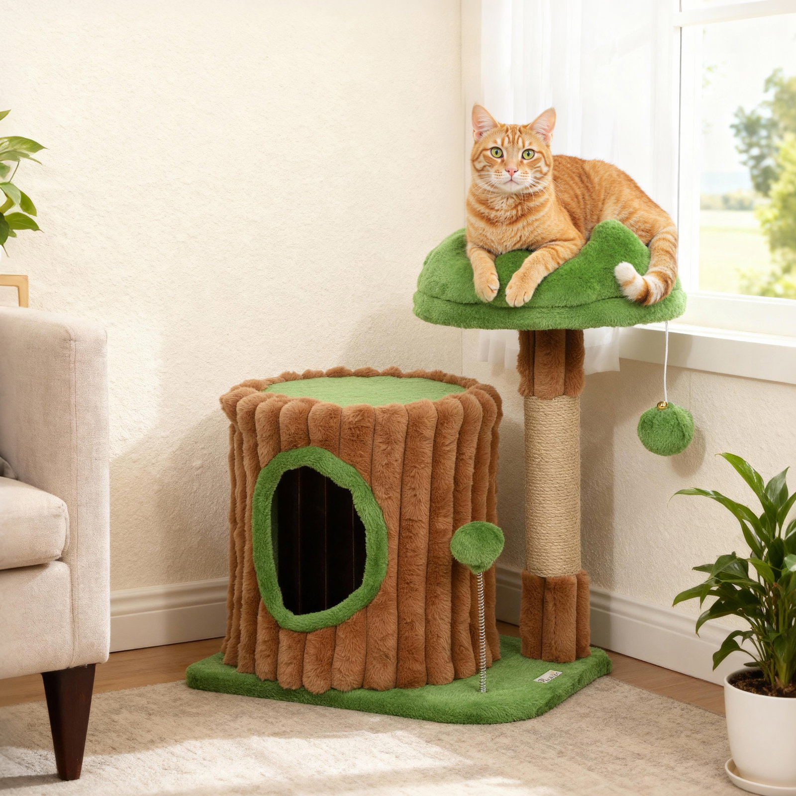 Arranhador para gatos 53 cm design de tronco com cama caverna poste de juta bolas penduradas 40x30x53 cm castanho e verde
