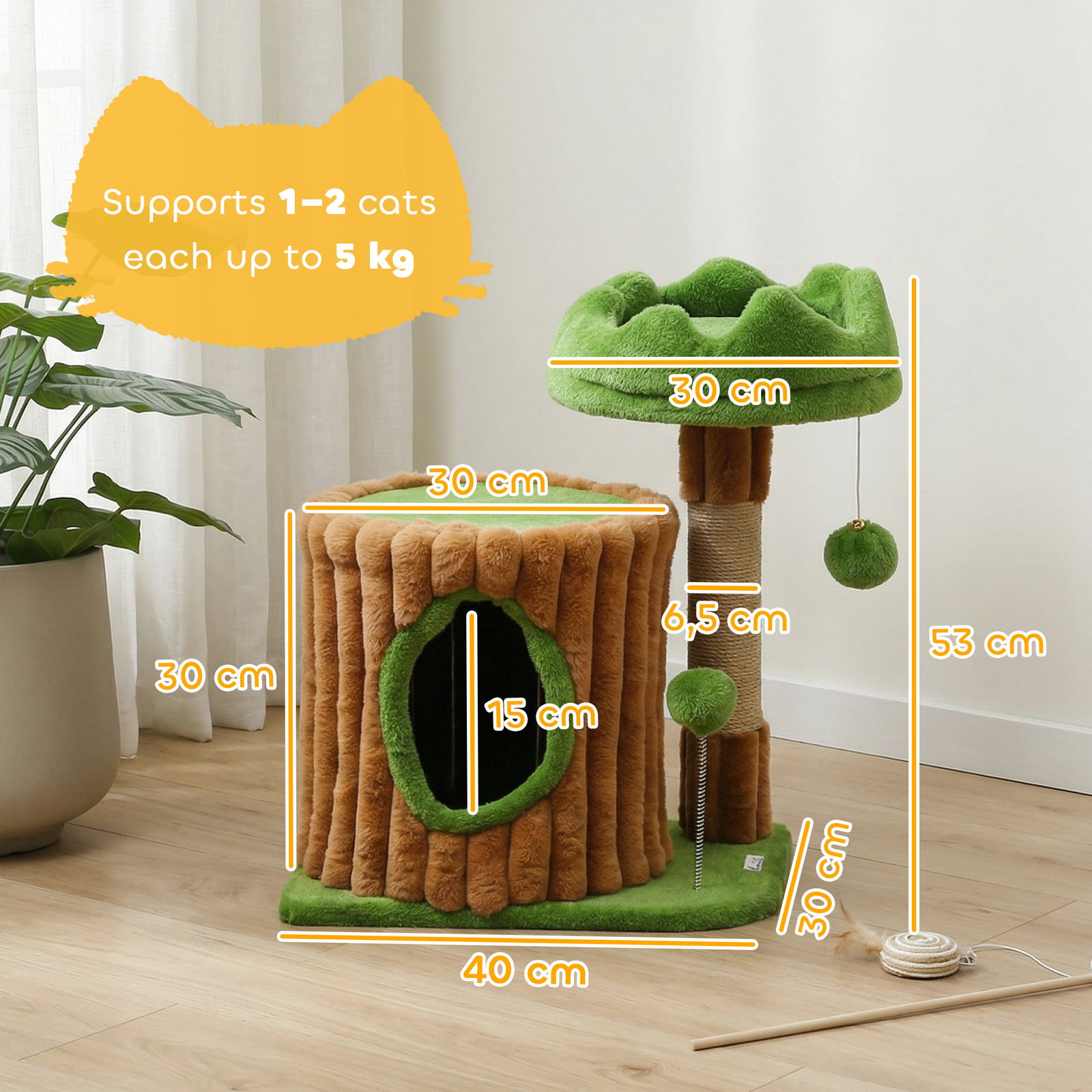 Arranhador para gatos 53 cm design de tronco com cama caverna poste de juta bolas penduradas 40x30x53 cm castanho e verde