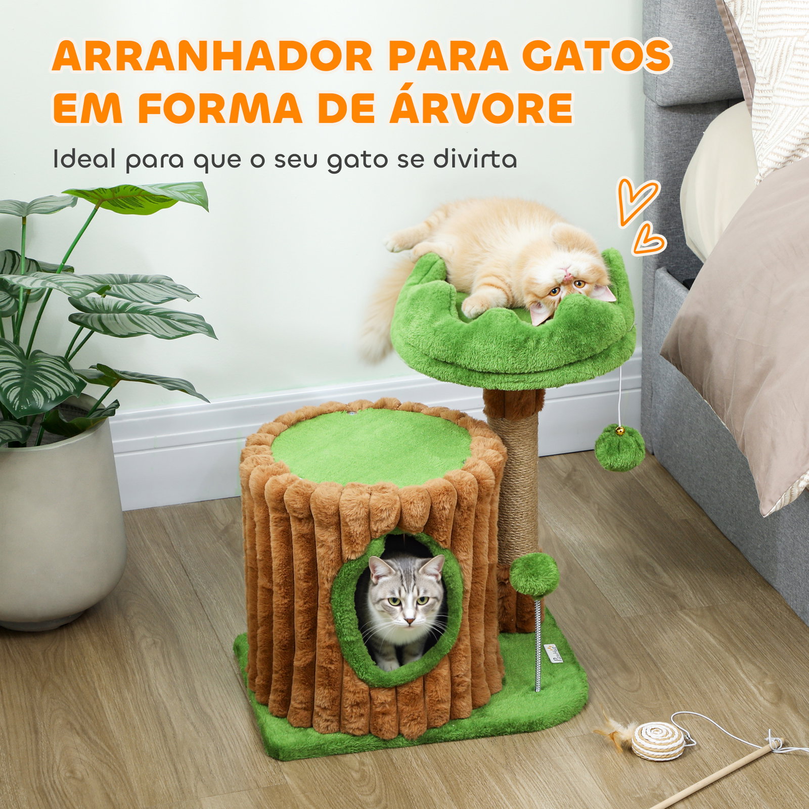 Arranhador para gatos 53 cm design de tronco com cama caverna poste de juta bolas penduradas 40x30x53 cm castanho e verde