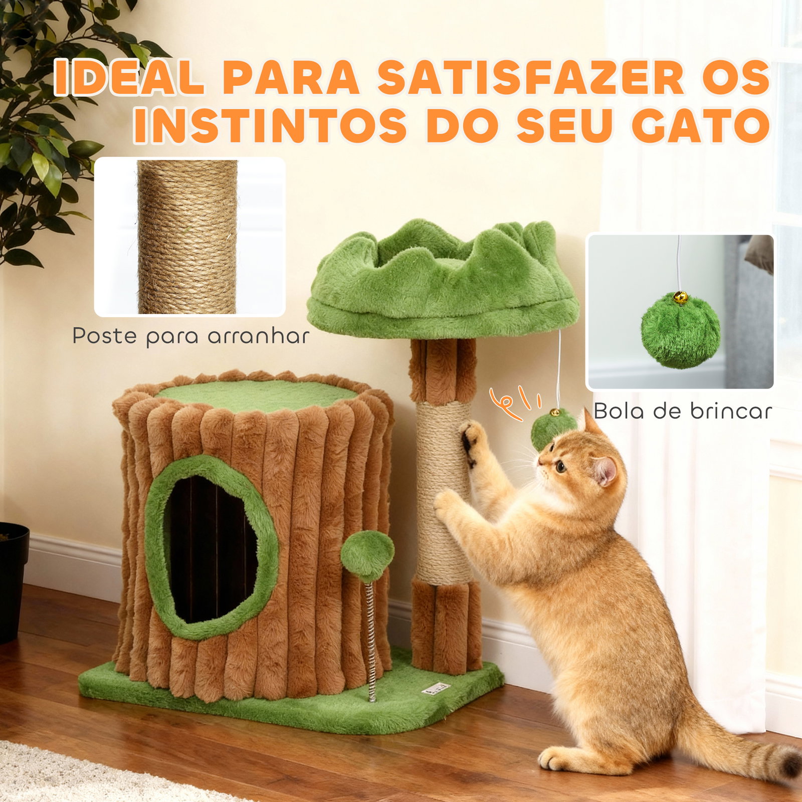 Arranhador para gatos 53 cm design de tronco com cama caverna poste de juta bolas penduradas 40x30x53 cm castanho e verde