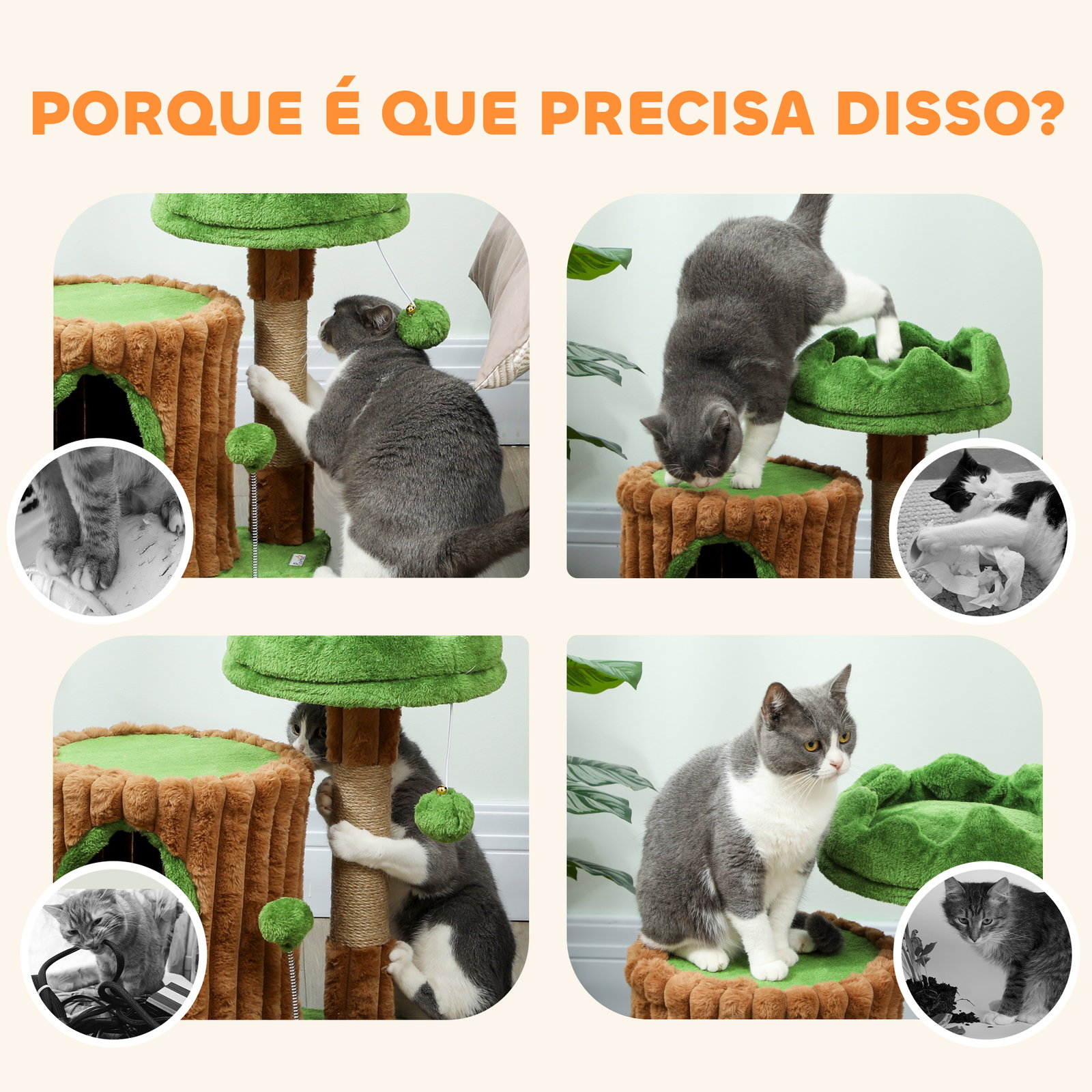 Arranhador para gatos 53 cm design de tronco com cama caverna poste de juta bolas penduradas 40x30x53 cm castanho e verde