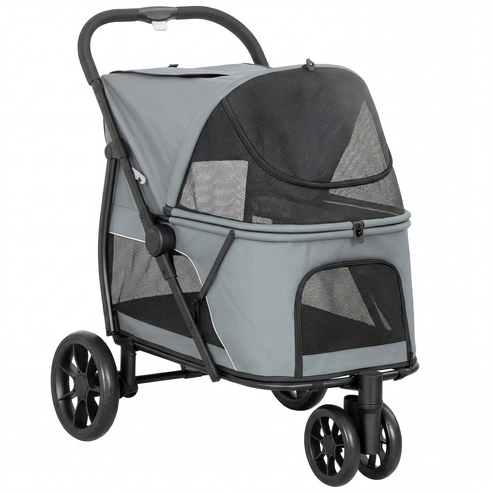 Carrinho para cães dobrável com 3 rodas janelas de rede almofada lavável todo-o-terreno carga 20 kg 92x63x95 cm cinzento