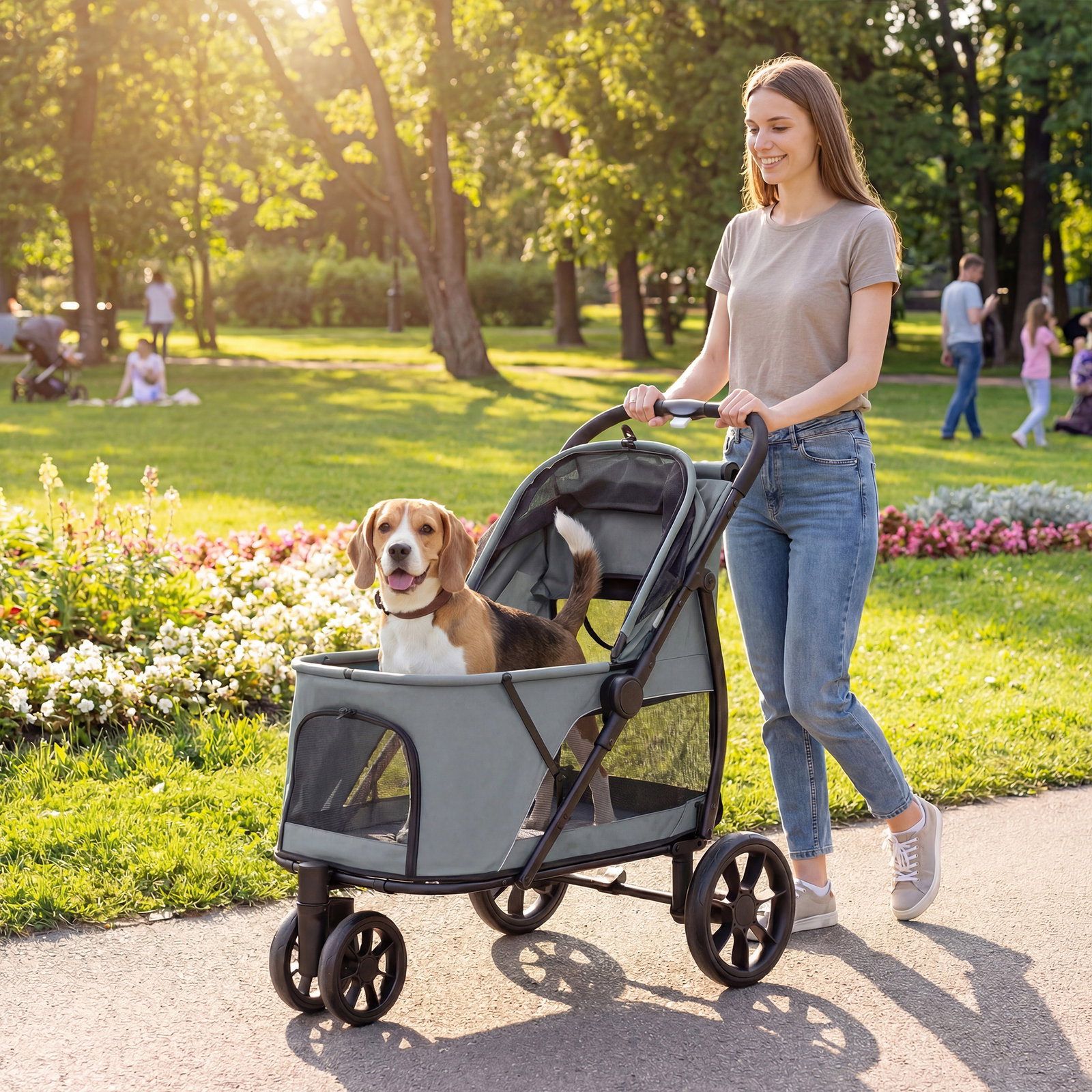 Carrinho para cães dobrável com 3 rodas janelas de rede almofada lavável todo-o-terreno carga 20 kg 92x63x95 cm cinzento