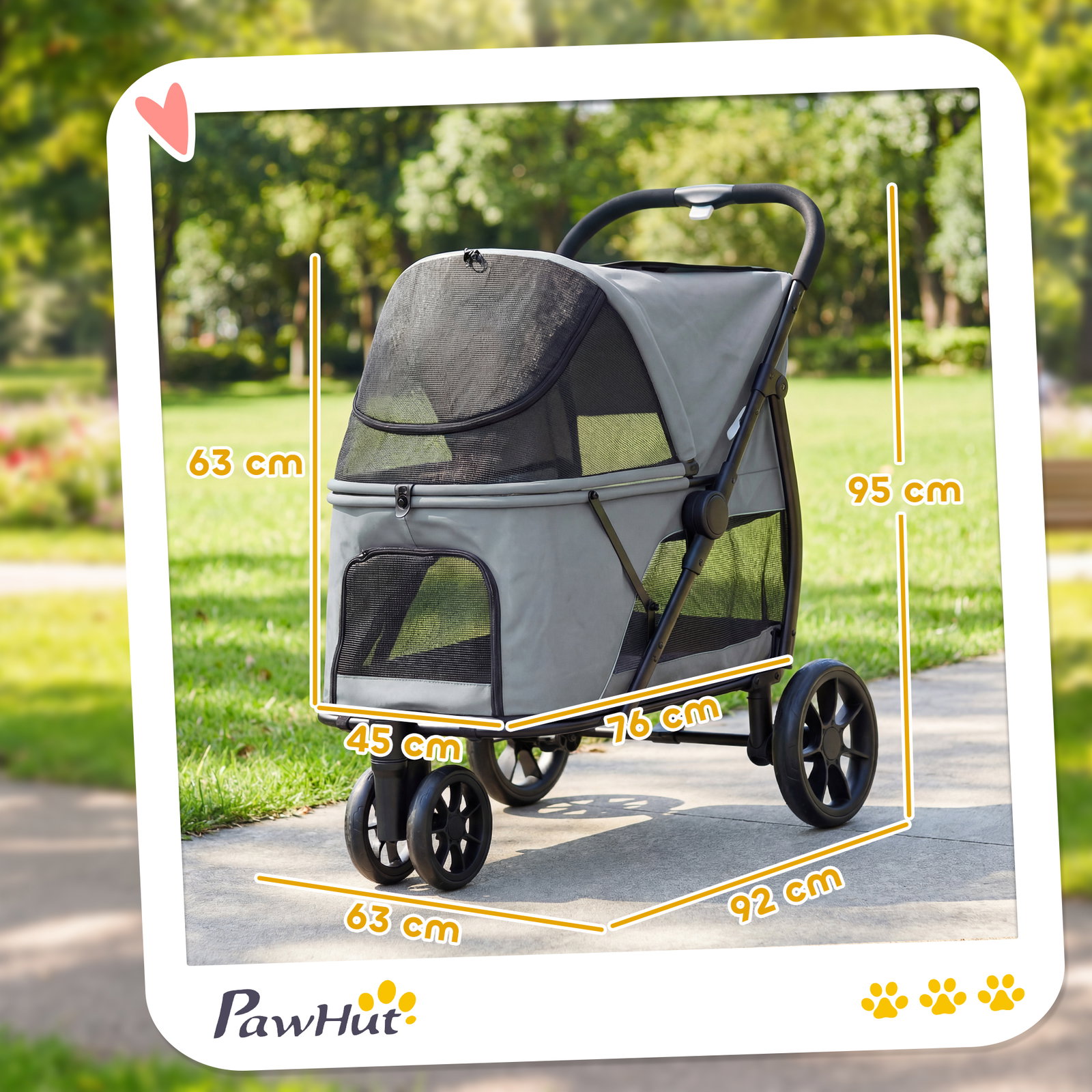 Carrinho para cães dobrável com 3 rodas janelas de rede almofada lavável todo-o-terreno carga 20 kg 92x63x95 cm cinzento