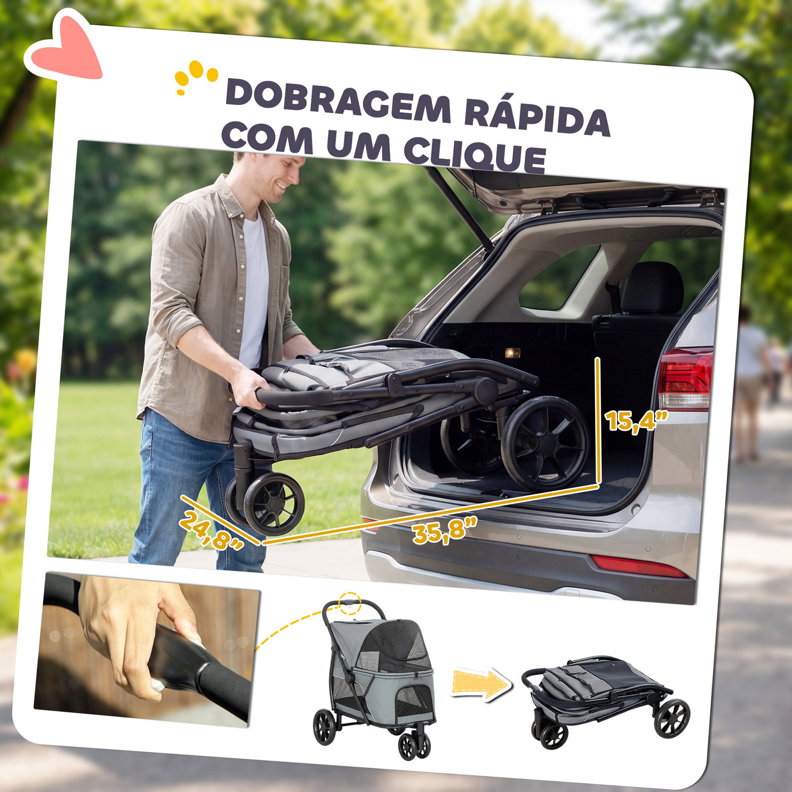 Carrinho para cães dobrável com 3 rodas janelas de rede almofada lavável todo-o-terreno carga 20 kg 92x63x95 cm cinzento