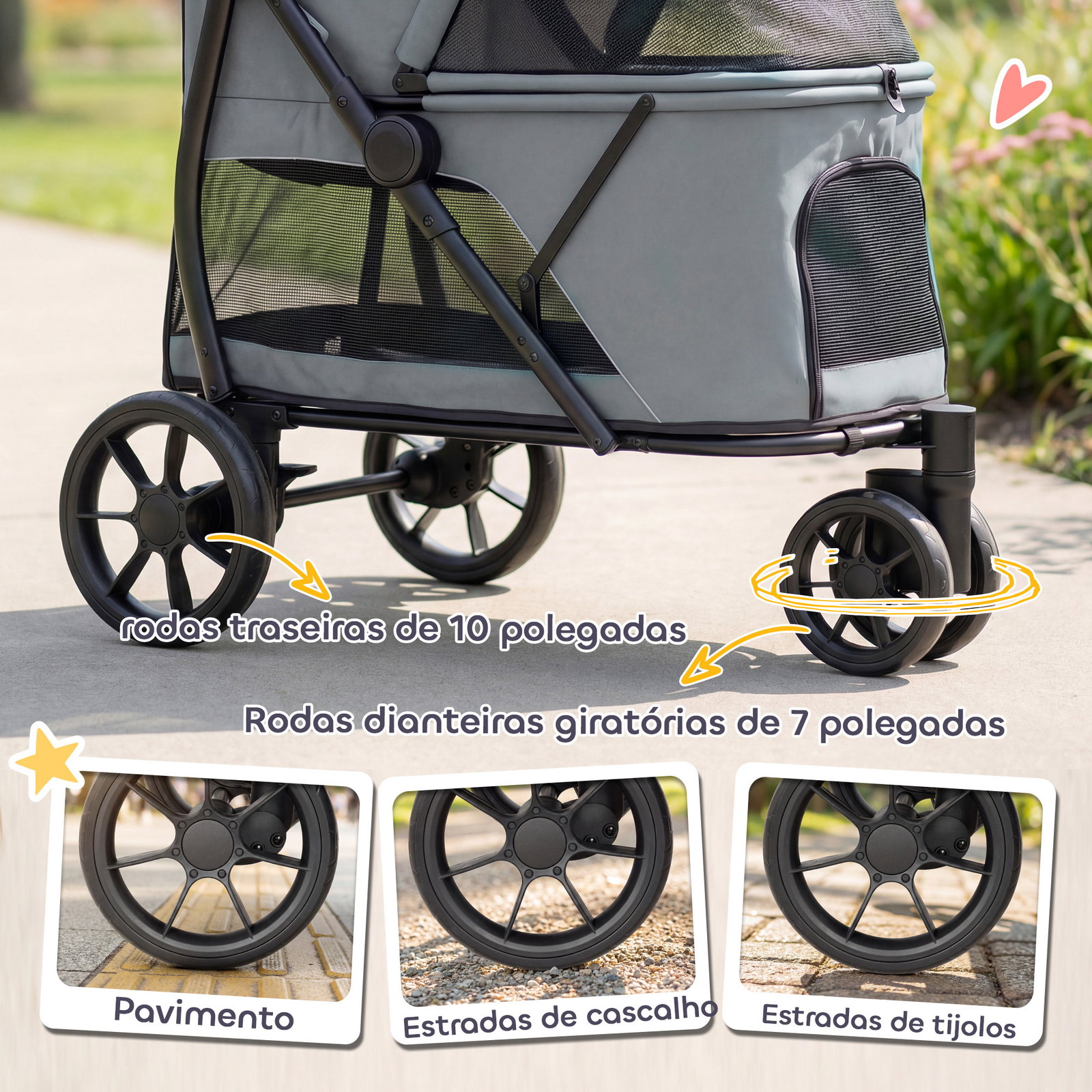 Carrinho para cães dobrável com 3 rodas janelas de rede almofada lavável todo-o-terreno carga 20 kg 92x63x95 cm cinzento