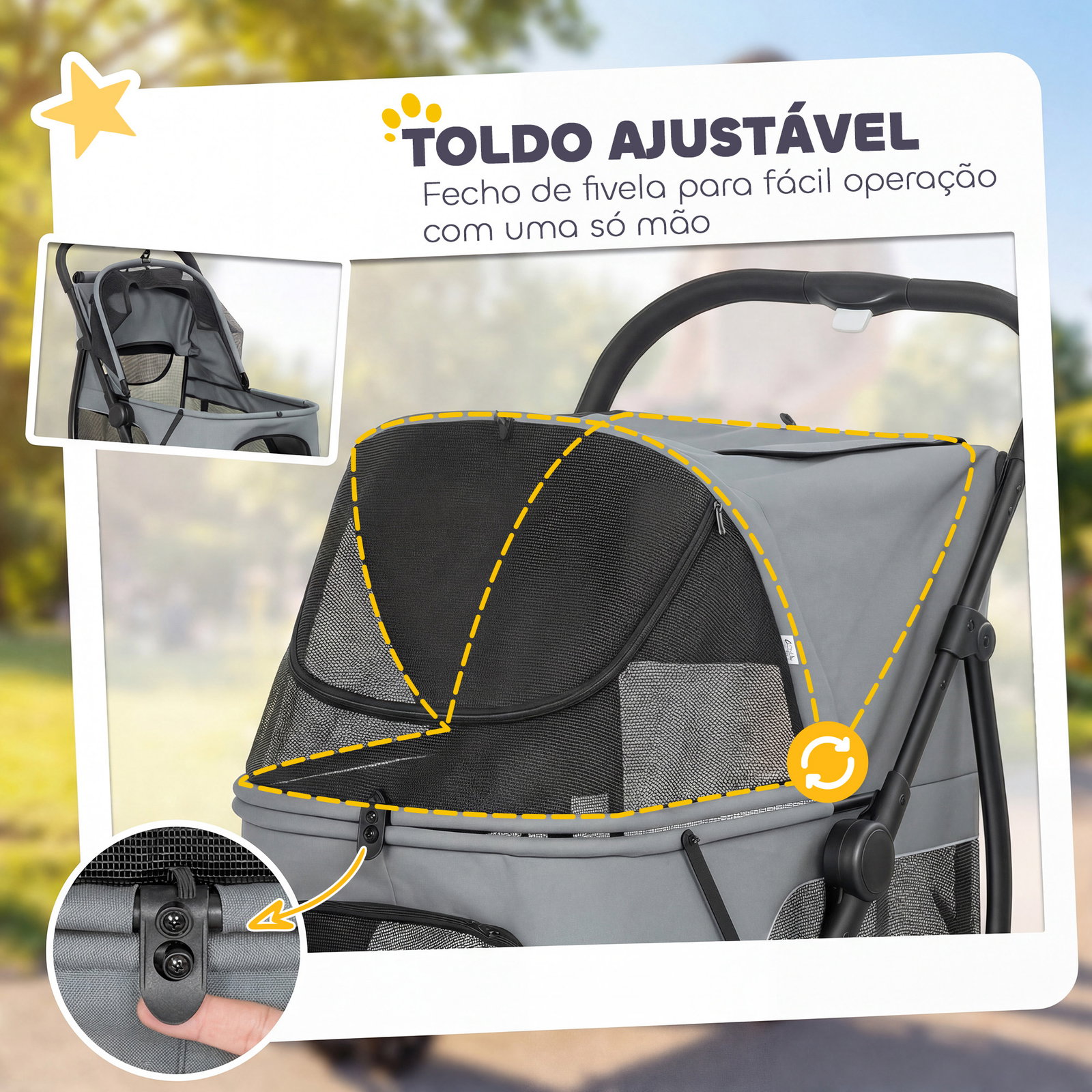 Carrinho para cães dobrável com 3 rodas janelas de rede almofada lavável todo-o-terreno carga 20 kg 92x63x95 cm cinzento