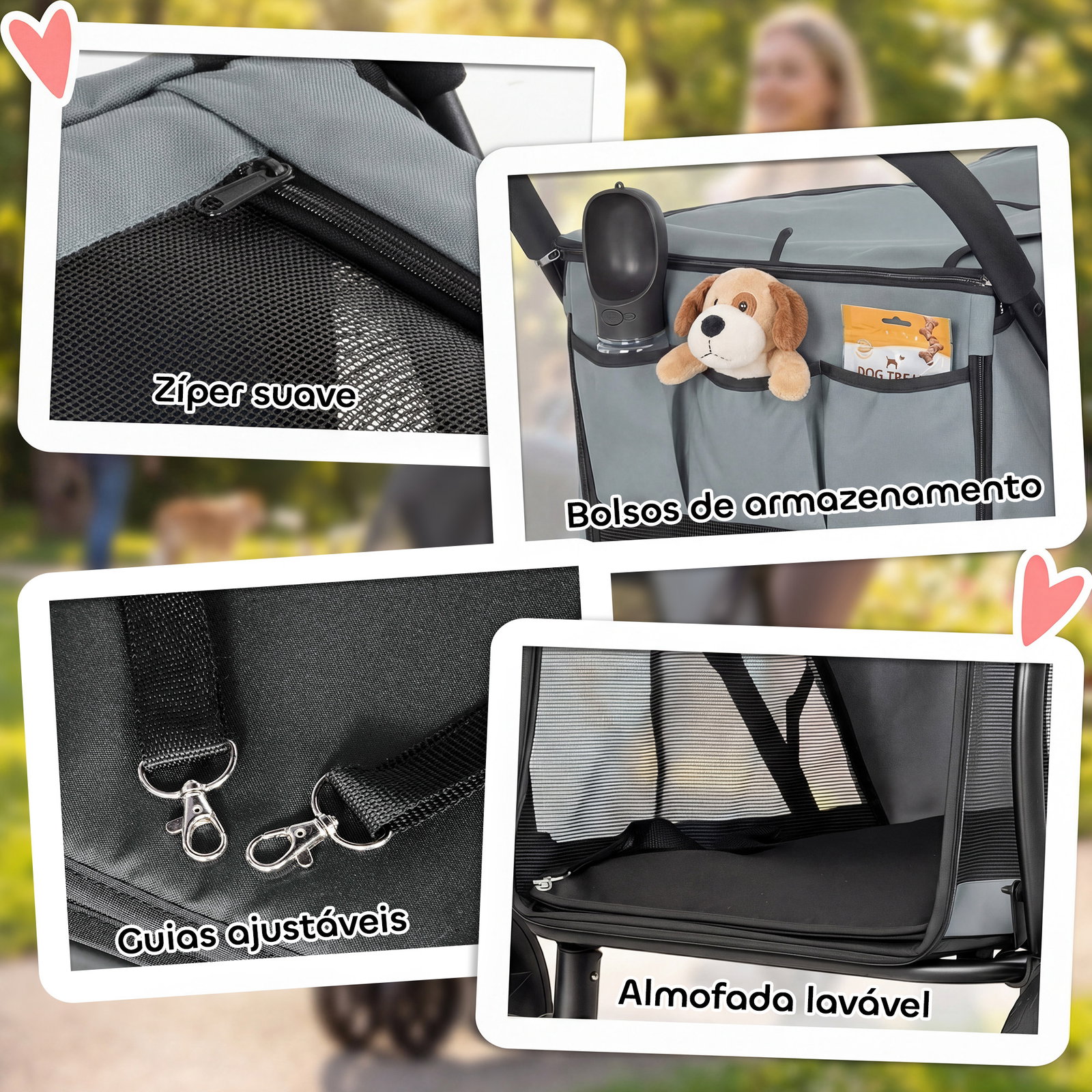 Carrinho para cães dobrável com 3 rodas janelas de rede almofada lavável todo-o-terreno carga 20 kg 92x63x95 cm cinzento