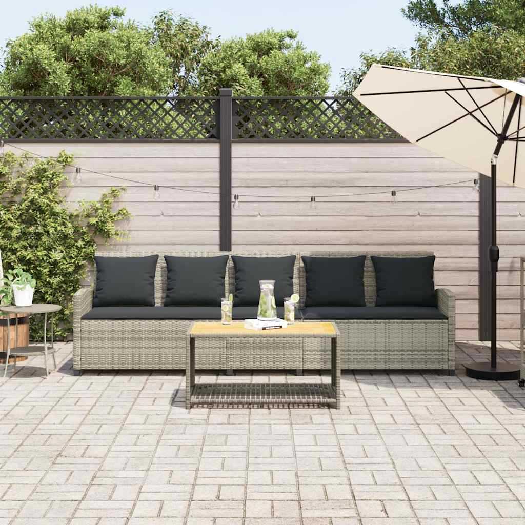 Sofá de jardim de 5 lugares c/ almofadões vime PE cinza-claro