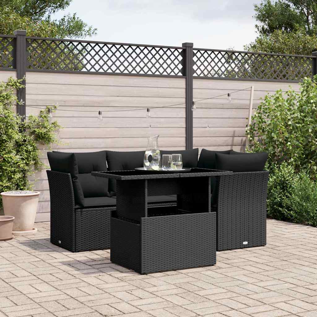 5 Pcs conjunto sofás de jardim com almofadões vime PE preto
