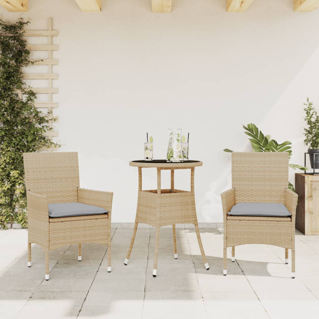 3 Pcs conjunto jantar jardim com almofadões vime PE/vidro bege