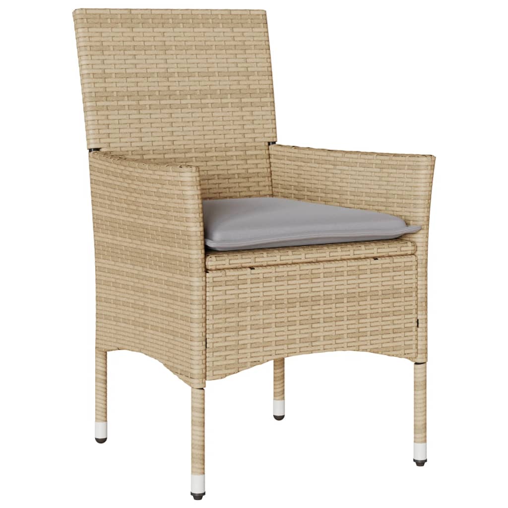 3 Pcs conjunto jantar jardim com almofadões vime PE/vidro bege