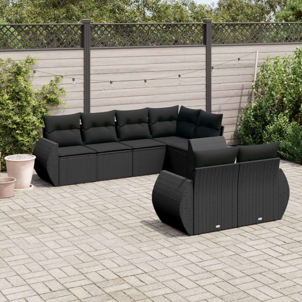 7 Pcs conjunto de sofás p/ jardim c/ almofadões vime PE preto