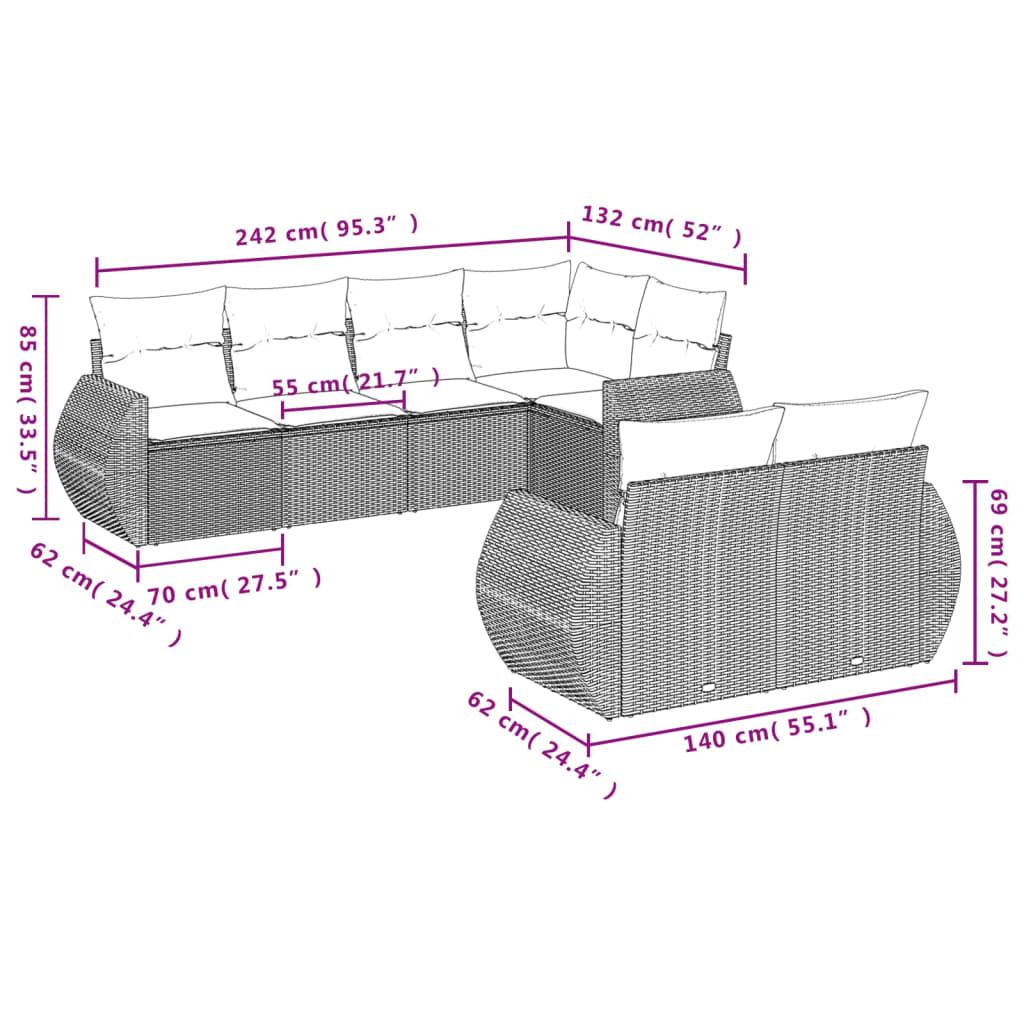 7 Pcs conjunto de sofás p/ jardim c/ almofadões vime PE preto