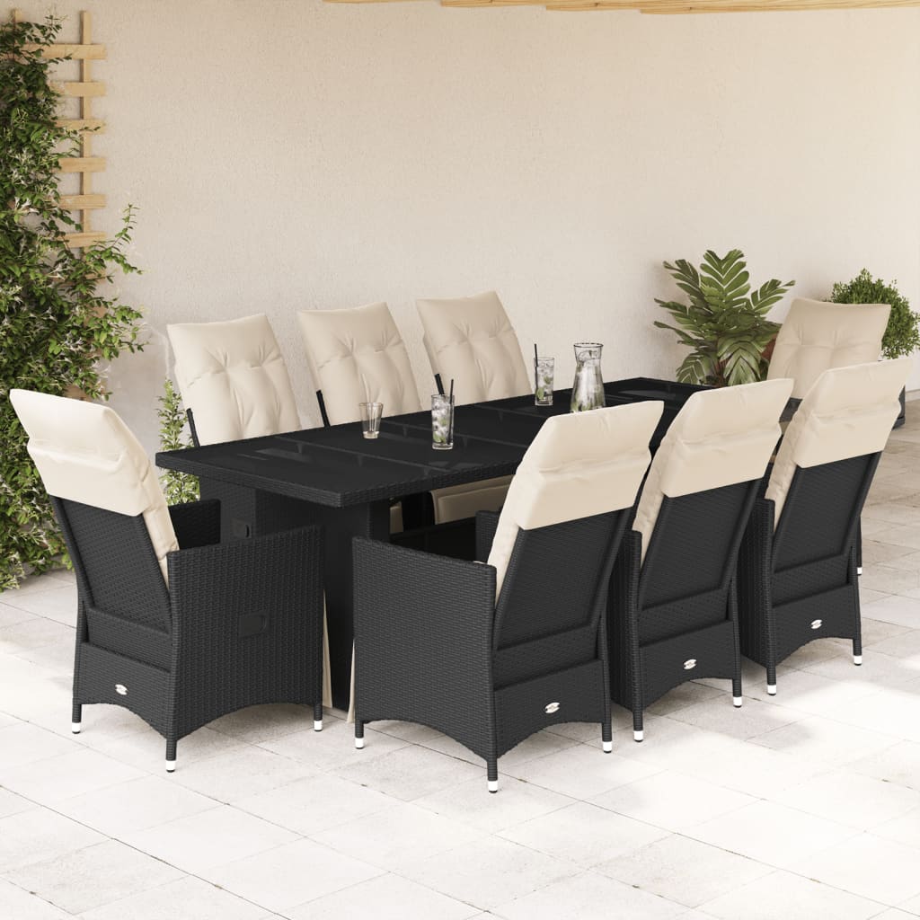 9 Pcs conjunto de bistrô p/ jardim c/ almofadões vime PE preto