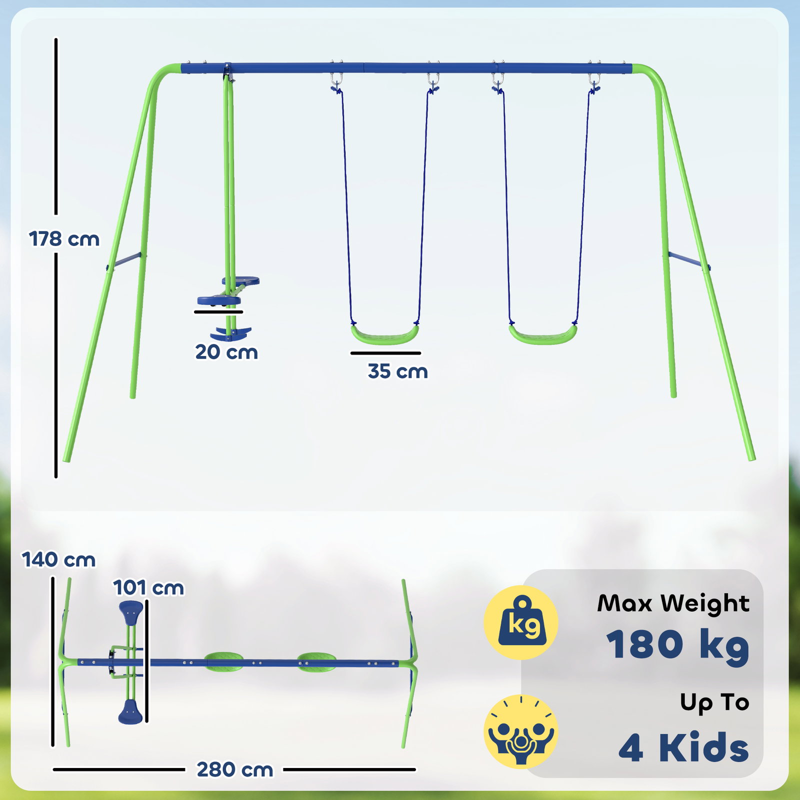 Conjunto de baloiços de jardim com altura ajustável baloiços para crianças com baloiço duplo 280x140x178 cm verde