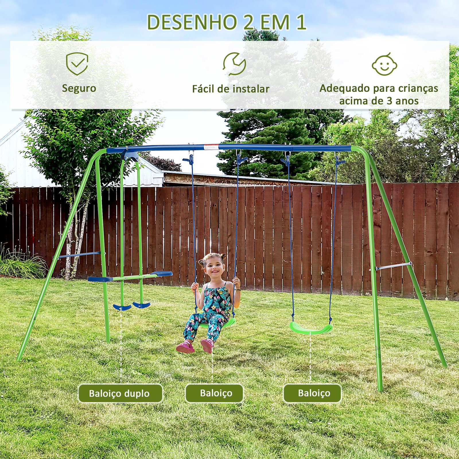 Conjunto de baloiços de jardim com altura ajustável baloiços para crianças com baloiço duplo 280x140x178 cm verde