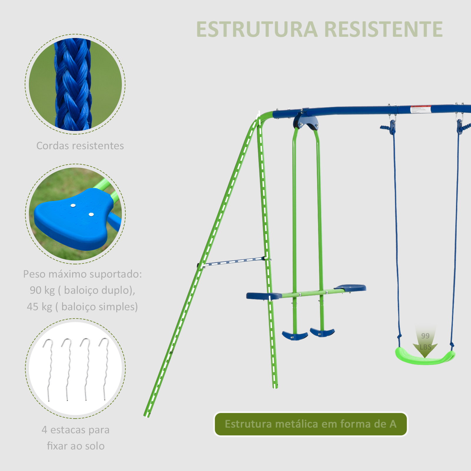 Conjunto de baloiços de jardim com altura ajustável baloiços para crianças com baloiço duplo 280x140x178 cm verde