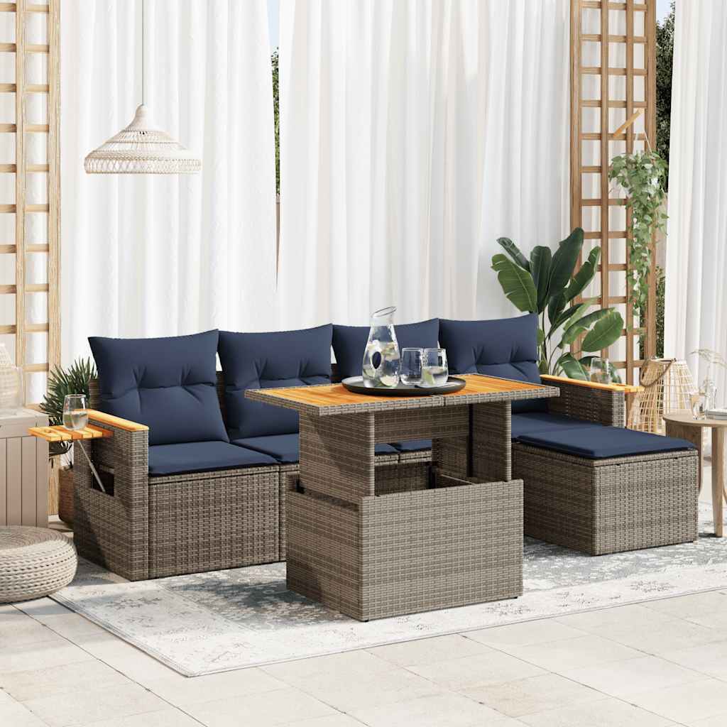 6 Pcs conjunto sofás jardim com almofadões PE/acácia cinzento