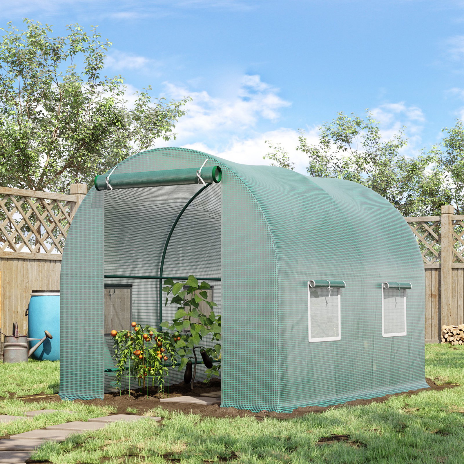 Estufa tipo túnel 250x200x200cm estufa de jardim com janelas e portas enroláveis para cultivo de plantas verde
