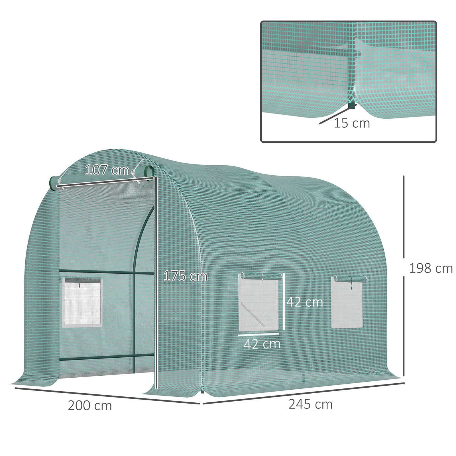 Estufa tipo túnel 250x200x200cm estufa de jardim com janelas e portas enroláveis para cultivo de plantas verde