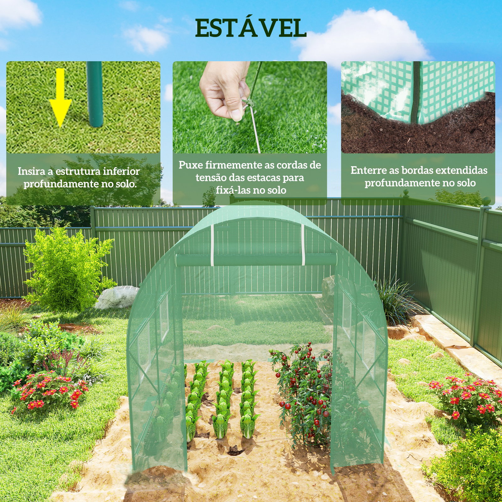 Estufa tipo túnel 250x200x200cm estufa de jardim com janelas e portas enroláveis para cultivo de plantas verde