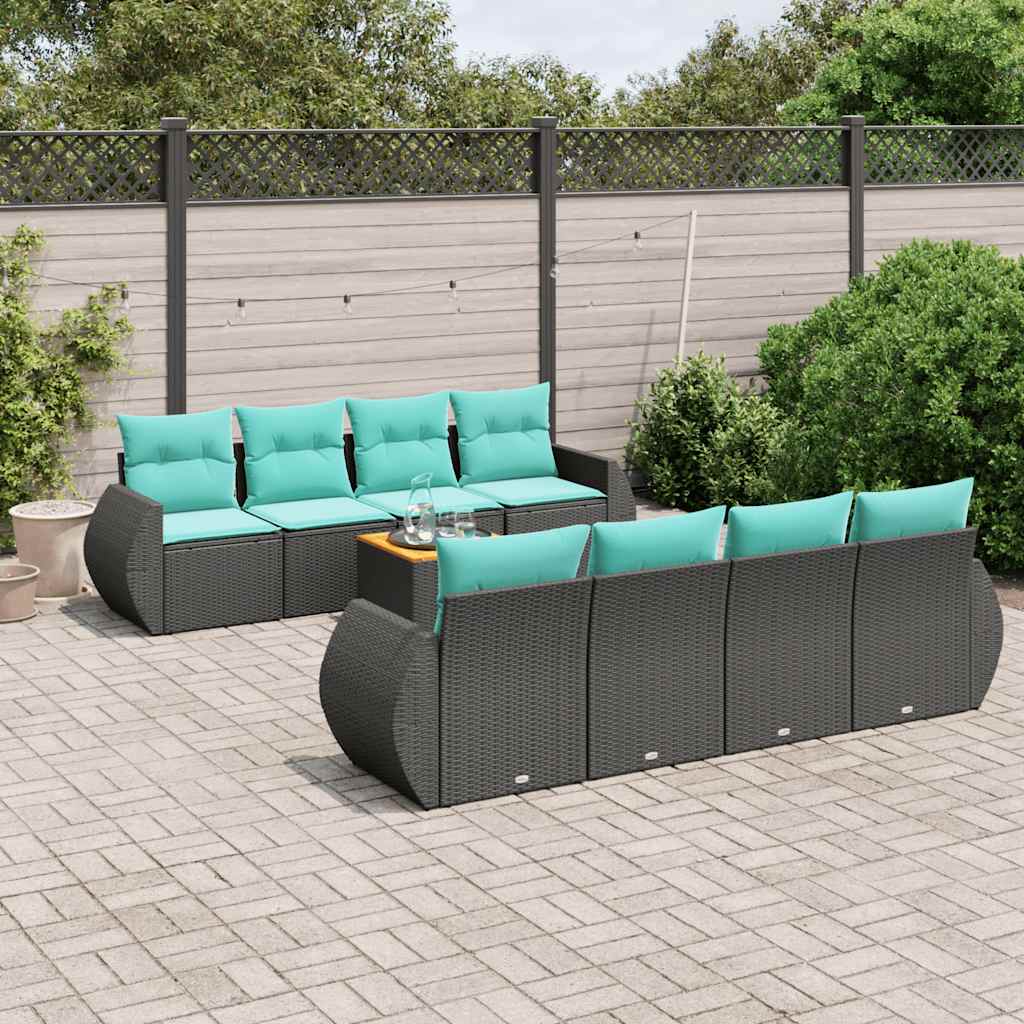 Conjunto de sofá de jardim de 9 peças com almofadas em rattan sintético preto