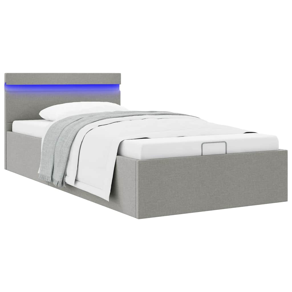 Cama hidráulica arrumação c/ LED 90x200cm tecido cinzento-claro