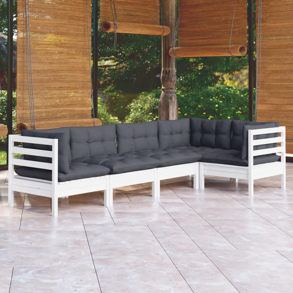 5 Pcs conjunto lounge de jardim c/ almofadões pinho branco