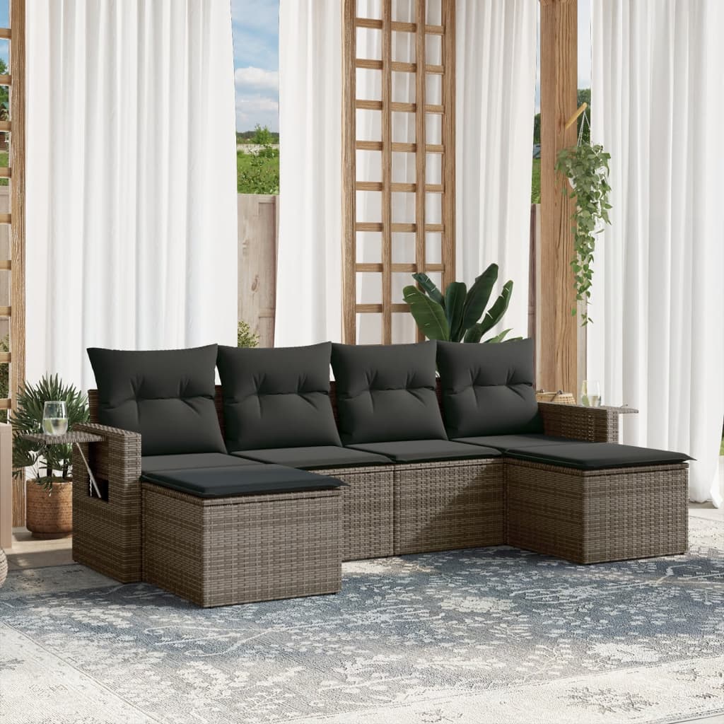 6 Pcs conjunto sofás de jardim com almofadões vime cinzento