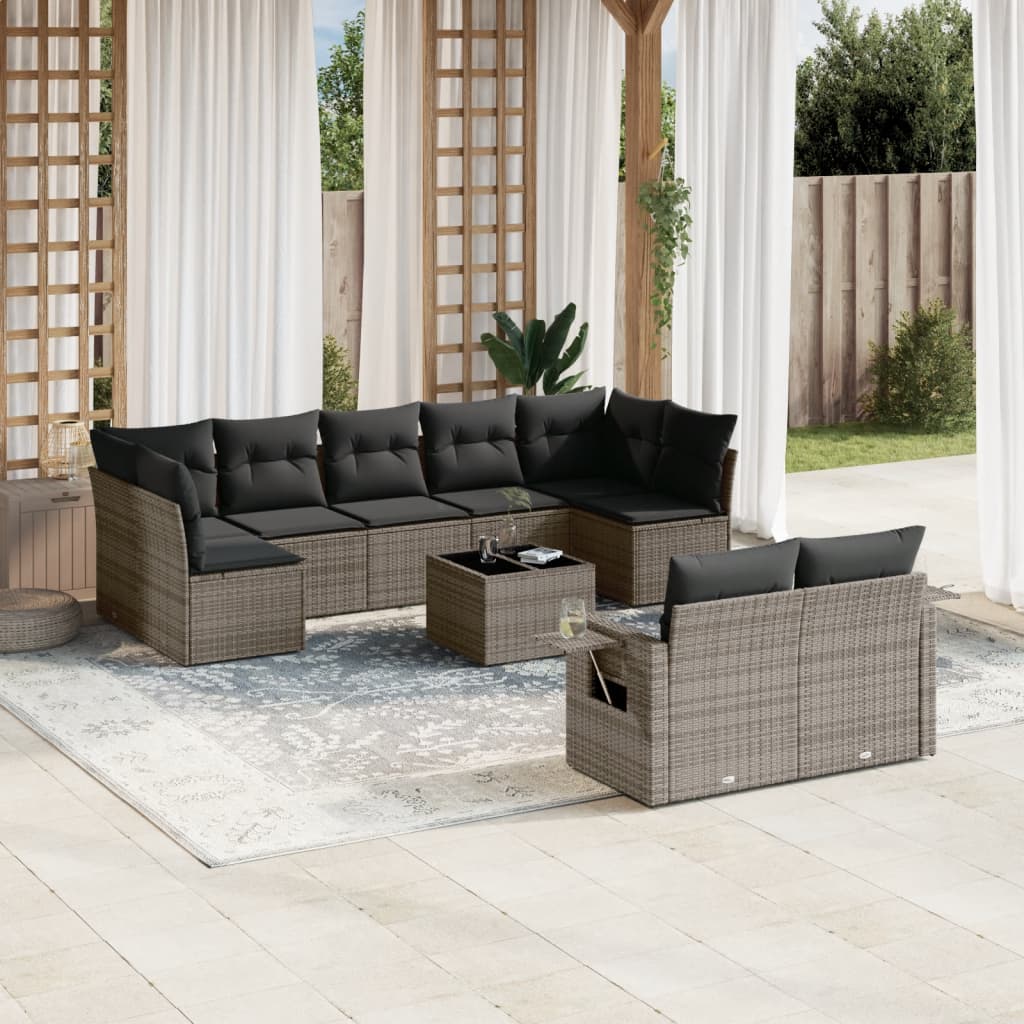 10 Pcs conjunto sofás de jardim c/ almofadões vime PE cinzento