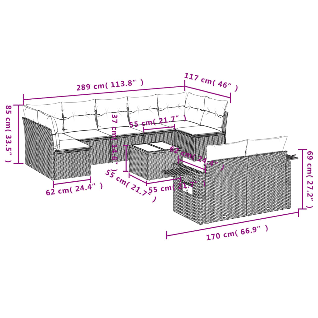 10 Pcs conjunto sofás de jardim c/ almofadões vime PE cinzento