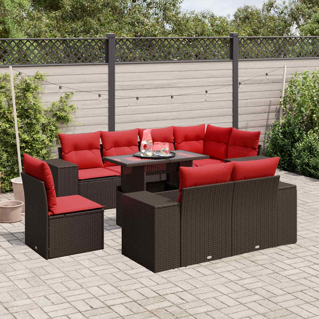 Conjunto de sofá de jardim com 9 peças e almofadas em rattan sintético marrom