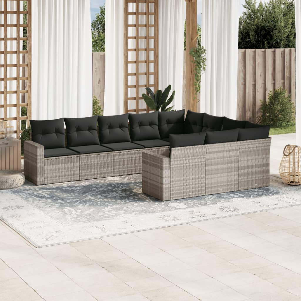 10 Pcs conj. sofás jardim com almofadões vime PE cinzento-claro