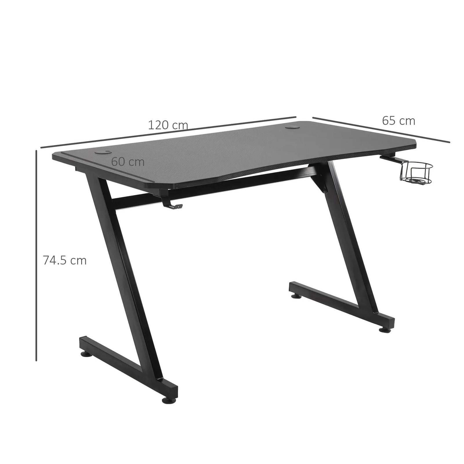 Secretária tipo gaming mesa de escritório com suporte para copos gancho e pés ajustáveis ​​120x65x74,5 cm preto