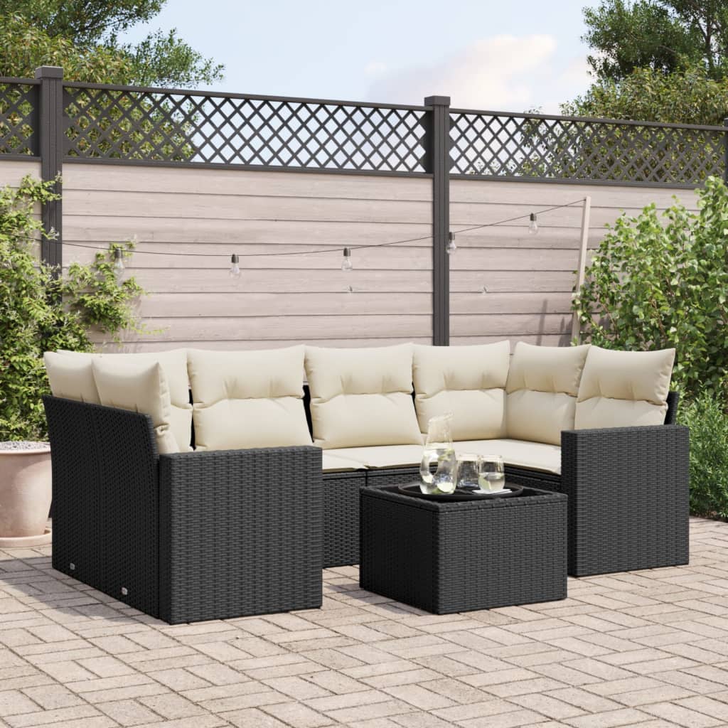 7 Pcs conjunto de sofás p/ jardim c/ almofadões vime PE preto