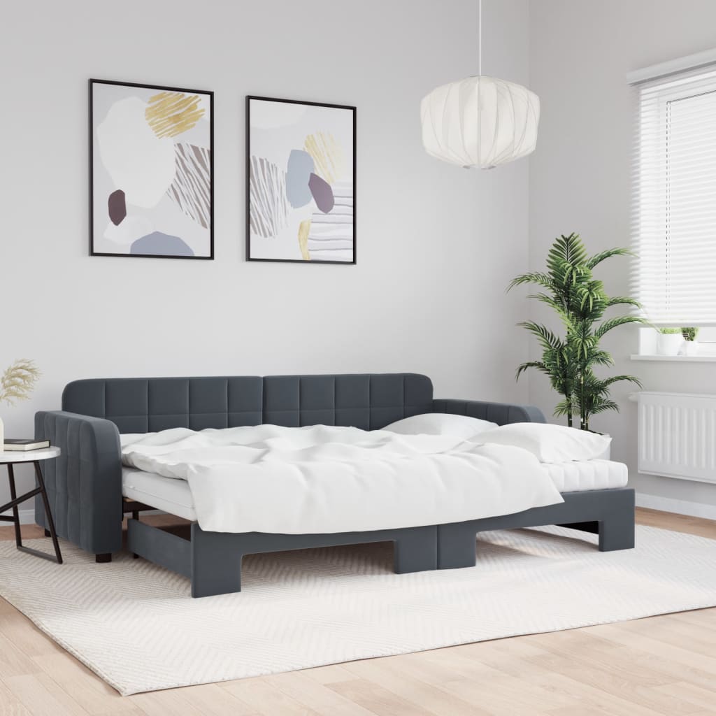 Sofá-cama c/ gavetão e colchões 80x200cm veludo cinzento-escuro