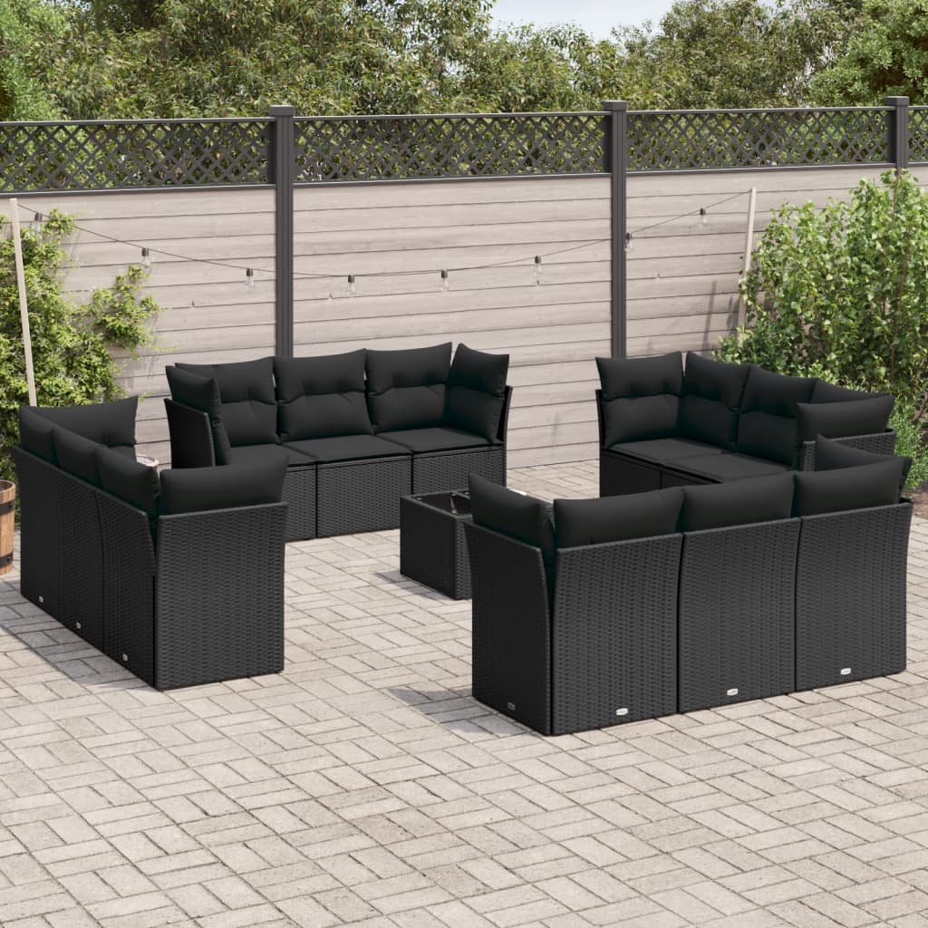 13 Pcs conjunto de sofás de jardim com almofadões vime PE preto