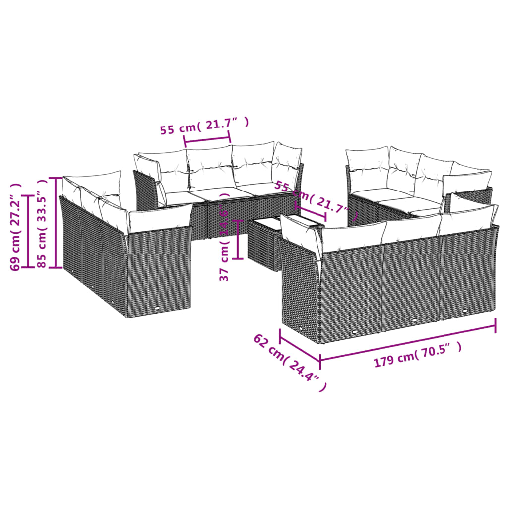 13 Pcs conjunto de sofás de jardim com almofadões vime PE preto